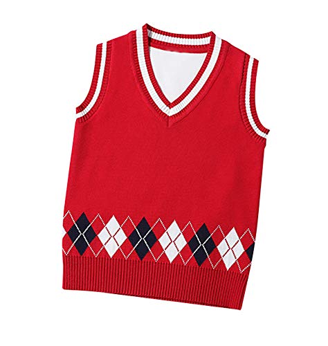 Suéter Jerseys Chaleco Prendas de Punto para Niños Niñas Ropa con V Cuello Sin Mangas Campus Estilo - Rojo 120