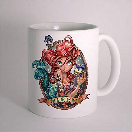 Taza de café divertida de Disney Princess Ariel Tattoo Little Sirenita Taza de café de cerámica de 325 ml, taza de café el mejor regalo o recuerdo para hombres y mujeres