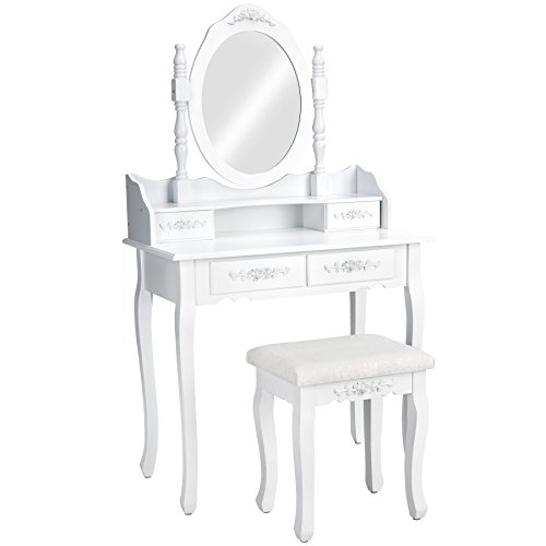 TecTake Mesa de Maquillaje tocador con Taburete | con Espejo y cómoda | 4 cajones | Blanco