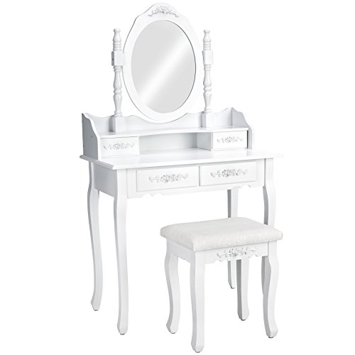 TecTake Mesa de Maquillaje tocador con Taburete | con Espejo y cómoda | 4 cajones | Blanco TecTake Mesa de Maquillaje tocador con Taburete | con Espejo y cómoda | 4 cajones | Blanco
