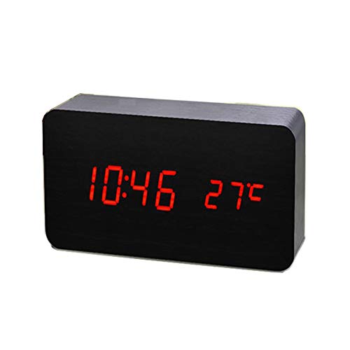 ThreeH Reloj Despertador Digital con Cable USB-activación táctil y Pantalla LED-Indicador de Calendario en Maderay Temperatura y LED Blanca AC11Black_Red