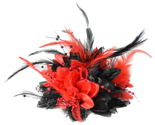 Tocado de color rojo gótico y negro con plumas de corsé y pétalos de flores hechas a mano