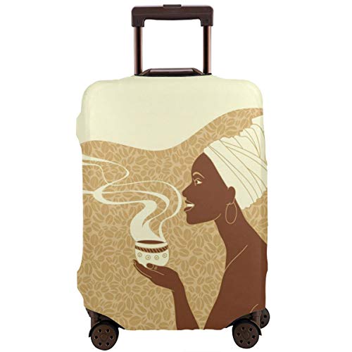 Travel Suitcase Protector,Smiling Happy Afro Lady with Hot Coffee Cup Seeds Cocoa Vintage,Suitcase Cover Washable Luggage Cover XL
