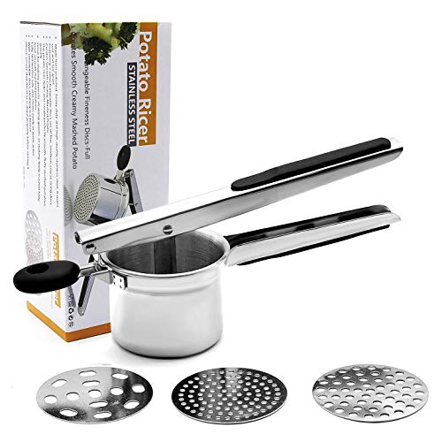 Triturador de patatas de acero inoxidable para frutas y verduras con 3 discos intercambiables, asas de tacto suave, colador de alimentos para bebés, exprimidor de frutas y verduras Triturador de patatas de acero inoxidable para frutas y verduras con 3 discos intercambiables, asas de tacto suave, colador de alimentos para bebés, exprimidor de frutas y verduras