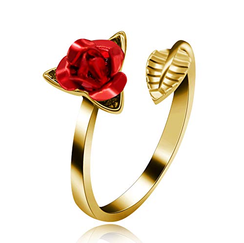 Uloveido Fashion Charm Free Size Rose Ring para Mujer Flower Leaf Ring Ajustable 18K Chapado en Oro Amarillo joyería Nupcial de la Boda Regalos de cumpleaños para Ella Y456-Gold