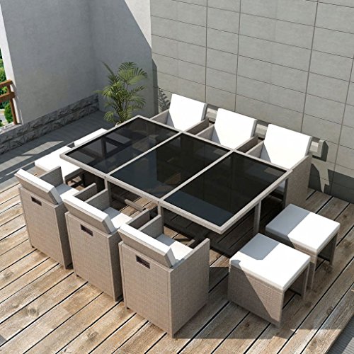 UnfadeMemory Conjunto Mesa y Sillas Jardin con Cojines,Muebles de Jardín Terraza Balcón o Patio,Mesa+6 Sillas+4 Taburetes,Ratán Sintético,Marco de Acero,Beige