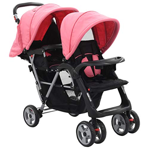 UnfadeMemory Silla Gemelar para Bebés Tandem,Carrito Gemelar,Cochecito Gemelos Doble,Ligera y Compacta,con Cesta Grande y Ruedas Bloqueables,Adecuado para Niños de 6-36 Meses (Rosa y Negro)