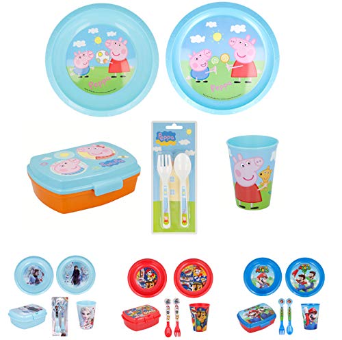 Vajilla infantil de 6 piezas de Peppa Pig para niños y niñas. Contiene plato, vaso, tenedor, cuchillo, cuenco y sandwichera (Peppa Pig - 6pcs)