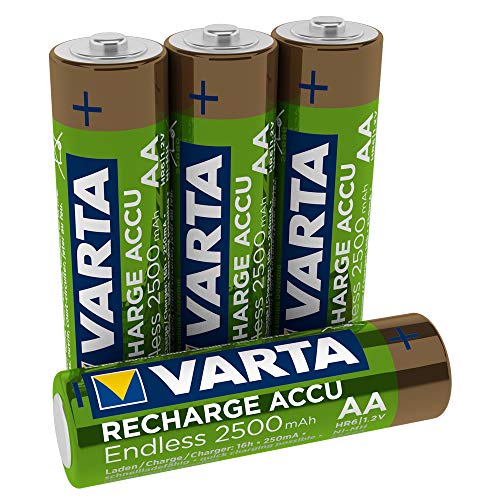 Varta Endless Energy - Pack de 4 Pilas AA Recargables (NiMH, 500 ciclos, 2500 mAh, precargadas)