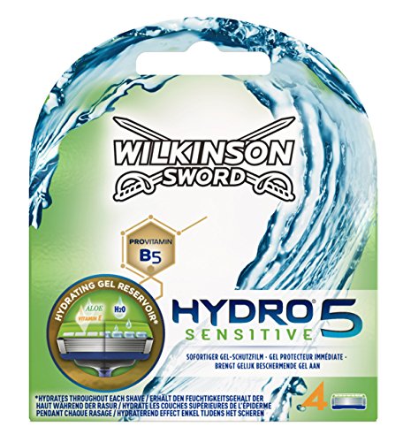 Wilkinson Sword Hydro 5 Sensitive - Cargador de 4 cuchillas de afeitar masculinas de cinco hojas con nuevo deposito de gel para pieles mas sensibles