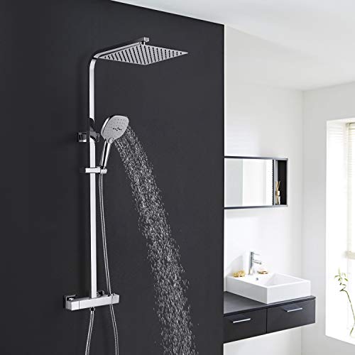 WOOHSE Columna de Ducha Termostática Acero Inoxidable para Baño, con Rociador rectangular, 3 Funciones Ducha de mano, Flexo de ducha, Soporte de Ducha y Barra telescópica de 82 cm-123 cm, Cromado