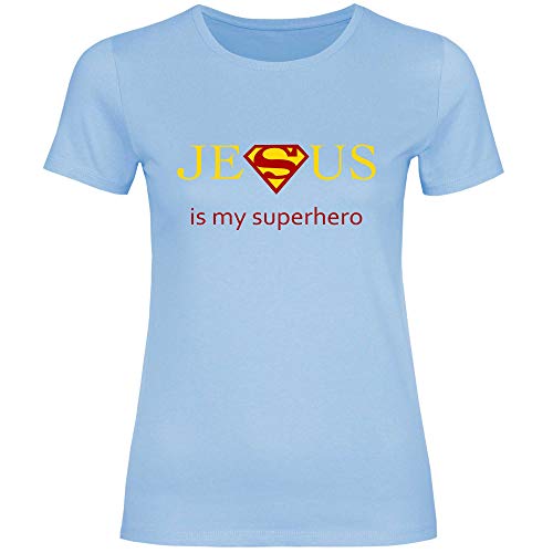 wowshirt Camiseta Jesus is my Superhero Christich religon Iglesia Faith Bible para Mujer, Tamaño:M, Color:Sky Blue