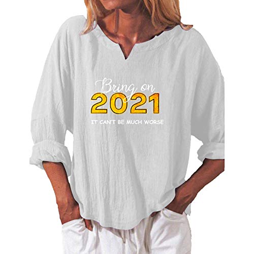 YANFANG 2021 Nueva Camiseta Holgada De Manga Larga con Cuello Redondo Lino Estampado Moda para Mujer Camisas Deportivas Mujer, Blusa En O Informal