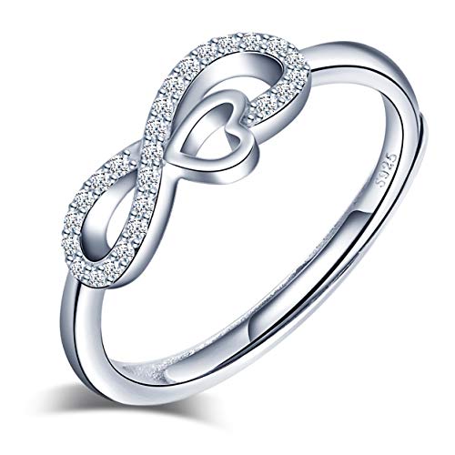 Yumilok Anillo de plata de ley 925 para mujer, anillo abierto con símbolo de infinito, circonita incrustada, tamaño ajustable, regalo de cumpleaños de Navidad, tamaño: 49-57