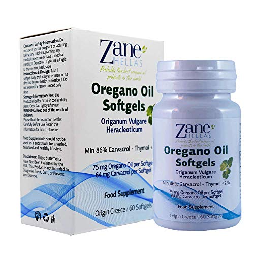 Zane Hellas Aceite de orégano Softgels. Cada cápsula contiene un 15% de aceite esencial de orégano griego. 64 mg de Carvacrol por cápsula blanda.60 cápsulas.