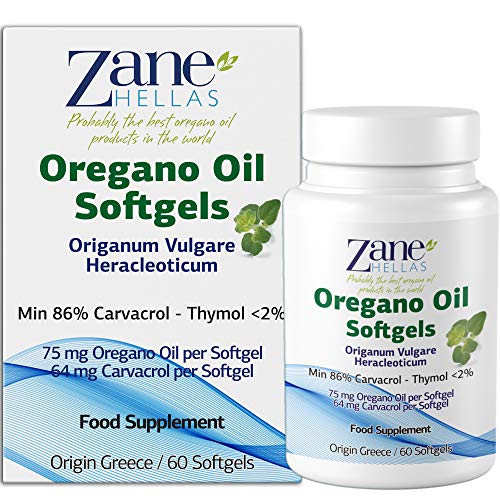 Zane Hellas Aceite de orégano Softgels. Cada cápsula contiene un 15% de aceite esencial de orégano griego. 64 mg de Carvacrol por cápsula blanda.60 cápsulas.Paquete de 2