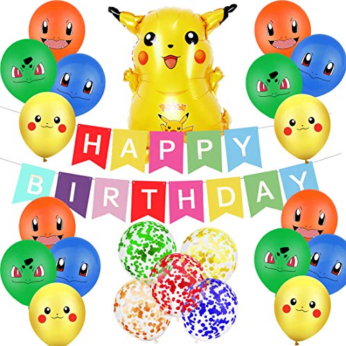 23Pcs Cumpleaños Pokemon - ZSWQ Suministros Fiesta Cumpleaños Pokemon, para Niños y Niños Decoración Cumpleaños Pikachu Incluye Globo Banner Decoración para Tarta Cumpleaños