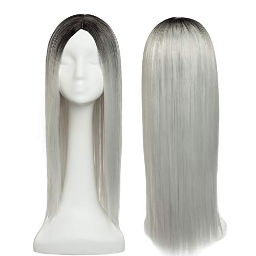 24"(60cm) SEGO Pelucas Negras/Gris Mujer Largas Lisas Pelo Sintético Se Ve Natural Anime Disfraz Fiesta Cosplay Halloween Carnaval Synthetic Wig (Negro Natural ombre Gris Plateado)