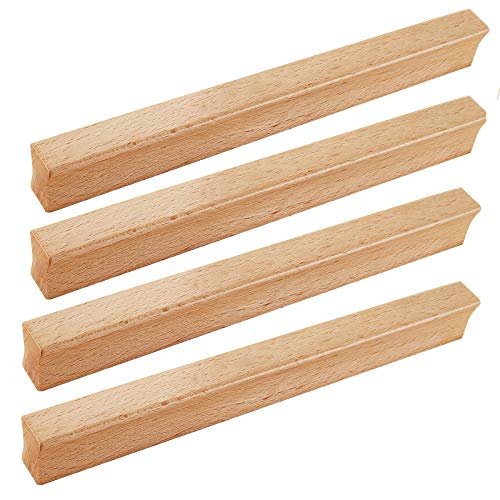 4 tiradores de puerta de madera natural de haya maciza, apto para mesilla de noche, cajón, armario, mango de tronco (distancia del agujero: 192 mm)