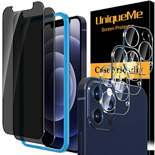 [5 Pack]UniqueMe Compatible con iPhone 12 Pro (6.1 pulgadas) [2 Pack] Privacidad Protector de Pantalla y [3 Pack] Protector de lente de cámara, [Cobertura máxima] HD Cristal Vidrio Templado