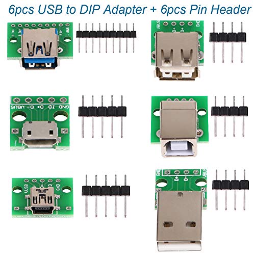 6pcs USB al convertidor del adaptador DIP, mini hembra 5p USB, 2.54mm 4p USB macho, USB 2.0 4p hembra, USB 3.0 hembra plana, Micro USB tipo B hembra, USB tipo B Interfaz cuadrada hembra DIP PCB Módulo