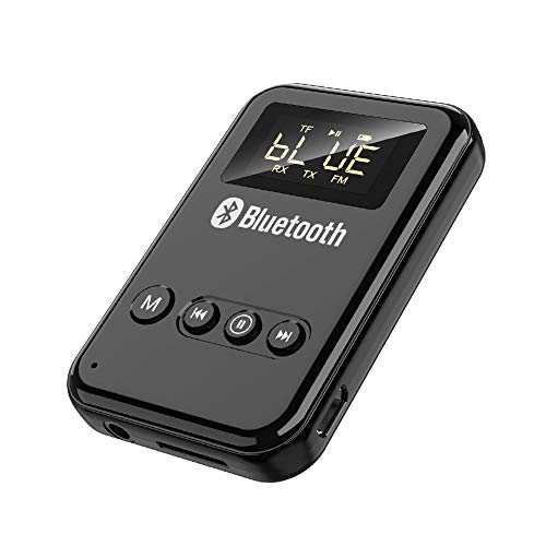 Adaptador Bluetooth 5.0 Jack, Transmisor Bluetooth TV Transmisor Receptor 3 en 1 con Llamada Manos Libres Conexión FM Inalambricos Audio No Latencia para TV PC MP3 Coche Tablet Altavoz Estéreo