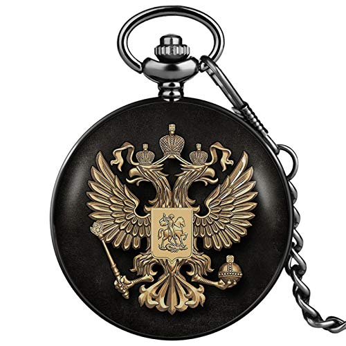 Águilas de Doble Cabeza de Oro Diseño Impreso Reloj de Bolsillo de Cuarzo Retro Suave Negro Reloj Antiguo Colgante Fob Cadena Regalos Hombres Mujeres Negro