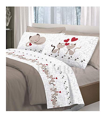 ALAMBRA Store, Juego de sábanas, par de sábanas para cama individual, de algodón con diseño de gatos y corazones, fabricado en Italia (Beige, Individual)