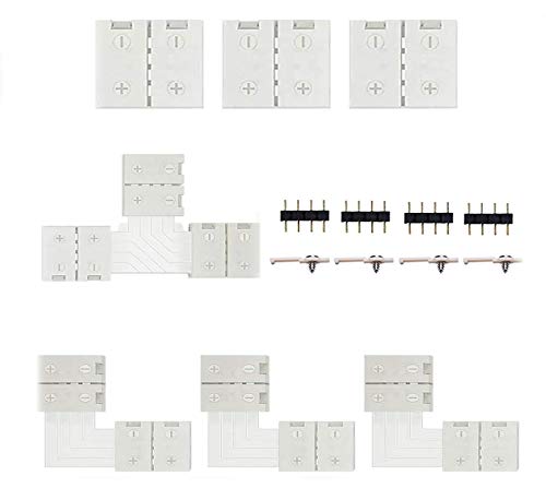 Alargador de tira LED clips de fijación para tiras LED de 10 mm, conector de 3 x líneas, conector en forma de L, conector en forma de T, 4 clips para tiras LED, conector de 4 x 4 pines.