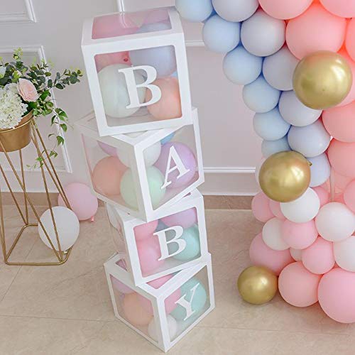 ALITREND Cajas de fiesta de baby shower, 4 unidades, cajas de globos transparentes, decoración de bloques de bebé con letra para revelar el género, fiesta de niños y niñas (blanco)