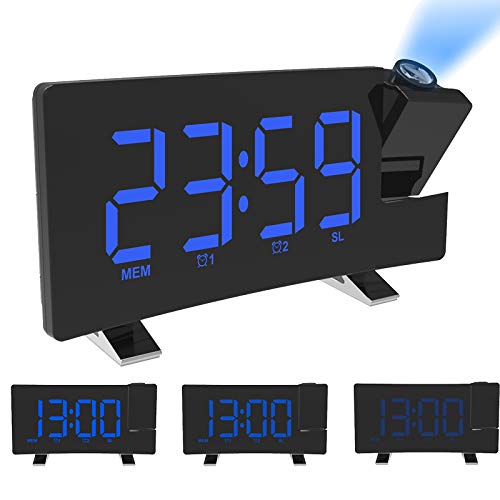 ALLOMN Reloj Despertador de Proyección, Reloj Despertador Digital FM Radio con Pantalla Curva/Proyección de Tiempo/Proyector Ajustable/Posponer/Alarmas Dobles/Puerto de Cargador USB/12/24 Horas (Azul)