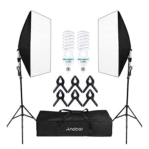 Andoer Softbox Kit de Iluminación, Kit de Estudio Fotográfico Profesional Light 5500K con 2 * 135 W Photolamps, 2 * Light, 2 * Softbox, 6 * Clips, 1 * Bolsa de Transporte
