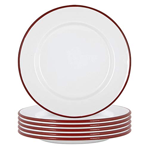Argon Tableware Placas de esmalte blanco cena - Acero al aire libre camping Vajilla Vajilla - 25.5cm - Rojo - Paquete de 6