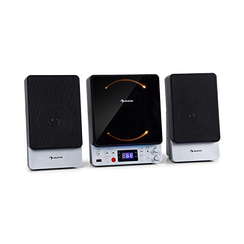 auna Microstar – Minicadena de música Vertical, Reproductor de CD, Bluetooth, Altavoces estéreo, USB, Pantalla LCD, iluminación LED, Vertical o en Pared, Entrada AUX / Salida de vídeo, Plateado