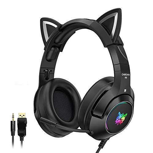 Auriculares estéreo para juegos con micrófono para PS4, PS5, Xbox One, PC, teléfono móvil, auriculares con orejas de gato desmontables con luz LED RGB para mujeres, autoajustables, ligeros