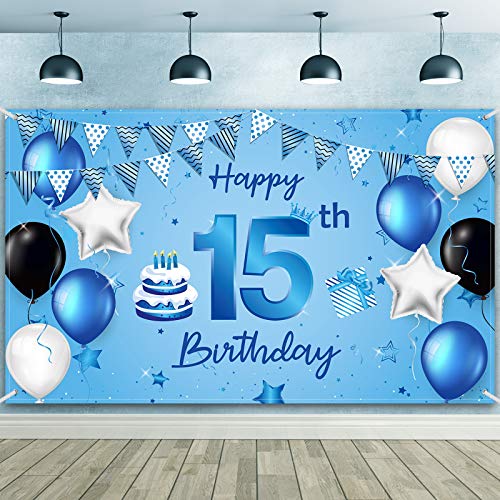 Banner de Fondo Happy 15th Birthday Tela Extra Grande Fondo de Fotografía Cartel de Cumpleaños para Decoraciones de Fiesta de Aniversario de 15 Cumpleaños, 72,8 x 43,3 Pulgadas (Elegante 15)