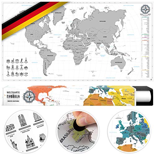 #benehacks Mapa del Mundo en ALEMAN Tipo póster para rascar SIGA Sus Aventuras de Viaje en un Mapa detallado del Mundo - Mapamundi Plata/Blanco - 84 x 44 cm