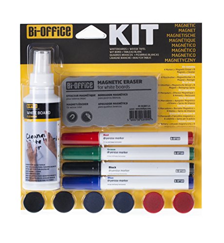 Bi-Office - Kit de Limpieza para Pizarras Blanca con 4 Rotuladores, Spray Limpiador, 6 imanes y Borrador Magnético