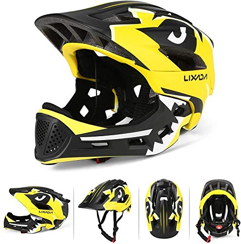 BMX Casco Infantil Integral para Ciclismo Enduro. Totalmente Ajustable con Mentoner Desmontable. Tamaño Ajustable Entre 48-58 cm (Amarillo, 52-56cm)