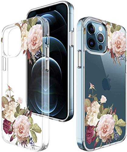 BSLVWG - Carcasa para iPhone 12 Pro Max (6,7 pulgadas), diseño de flores, transparente, carcasa rígida con TPU suave, carcasa protectora para Apple iPhone 12 Pro Max (rosa blanco)