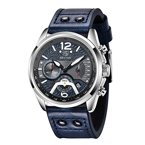 BY BENYAR Reloj para Hombre Moda Impermeable Cronógrafo Deportivo Movimiento de Cuarzo Correa de Cuero 30M Regalo Impermeable para Hombres