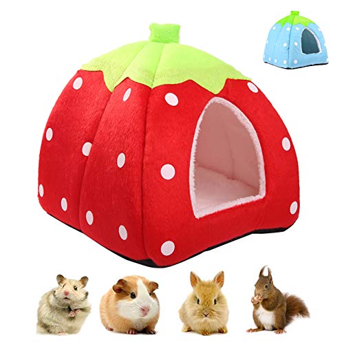 Casa de invierno para mascotas de animales pequeños, cama caliente multifuncional de fresa, saco de dormir portátil antideslizante para hámster Guinea ardilla chinchilla erizo rojo / azul