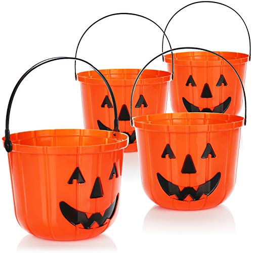 com-four® 4X Cubo de Calabaza de Halloween - Cubo de plástico con diseño de Calabaza para recolectar Dulces - Bolsa de colección con asa para Halloween (04 Piezas - 15x19 cm)