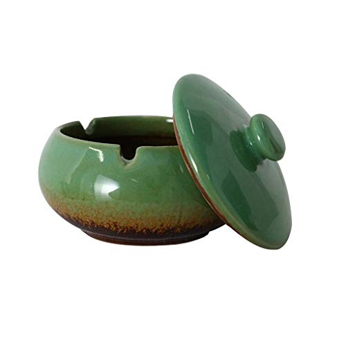 Con tapa, bandeja de cenizas de cerámica, sin humo para cigarrillos, mesa para interiores decoración del hogar, cenicero colorido (color: B) BJY969 (color: verde)