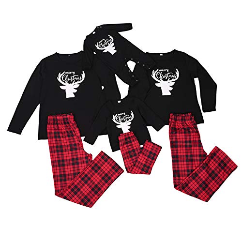 Conjunto de Pijamas Navideños para Familia Padre Madre Bebé 2 Piezas Top Negro de Mangas Largas Estampado de Alces y Letras + Pantalones a Cuadros Rojos (Recién Nacido, 18-24 Meses)