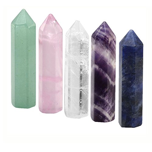 CrystalTears 5 cristales curativos de 45-46 mm, varita de un solo punto, piedras pulidas, decoración amatista, cuarzo transparente, cuarzo rosa, sodalita, aventurina verde.