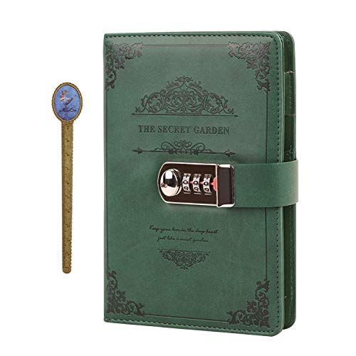 Cuaderno secreto de notas retro con texto en inglés «Magic Book Agenda con página colorida» con candado de código para notas, viaje, programa de trabajo, proyecto de día (verde)