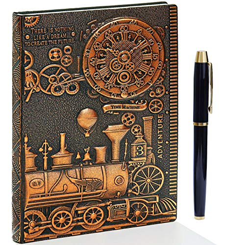 Diario de piel en relieve vintage con juego de bolígrafos dorados,A5,hecho a mano,cuaderno de bocetos, diario de viaje y cuaderno para escribir, regalo para mujeres y hombres
