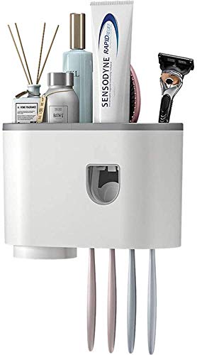 Dispensador de pasta de dientes, soporte para cepillo de dientes multifunción, dispensador de pasta de dientes automático con 2 tazas y cajones, organizador de baño para ahorrar espacio (1 taza)