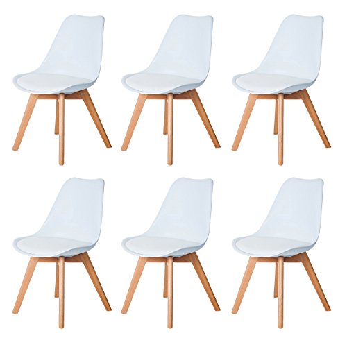 DORAFAIR Pack de 6 Silla de Oficina Silla escandinava, con Las piernas de Madera de Haya Maciza y cojín cómoda,Blanco